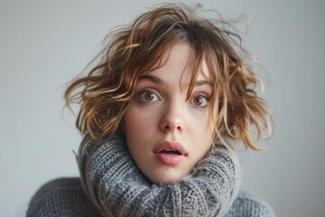 Close up of a surprised young woman with curly hair, wearing a gray turtleneck sweater, expressing astonishment