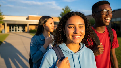 Naklejka premium Students walking into school building in morning light