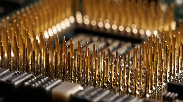 4K Closeup of golden pins on a cpu socket, showcasing intricate details of computer hardware and advanced technology video