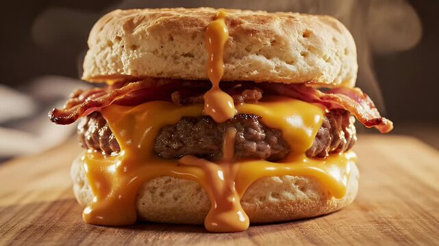 Gourmet Biscuit Burger with Cheese and Bacon - A close-up shot of a delicious gourmet burger, made with buttermilk biscuits instead of buns.