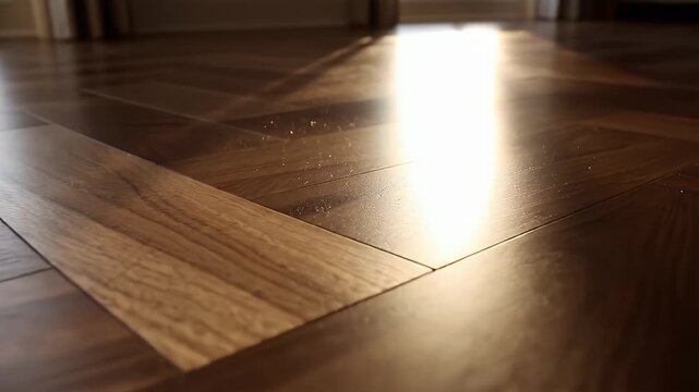 Sunlit Wooden Parquet Floor Close-up - A close-up view of a polished wooden parquet floor bathed in natural sunlight, highlighting the intricate patterns and textures of the wood grain.