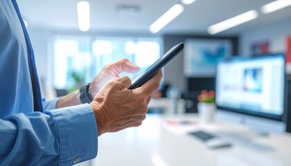 An adult using a digital tablet in a bright office environment