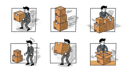 Cartoon businessman handling box packages in comic style panels