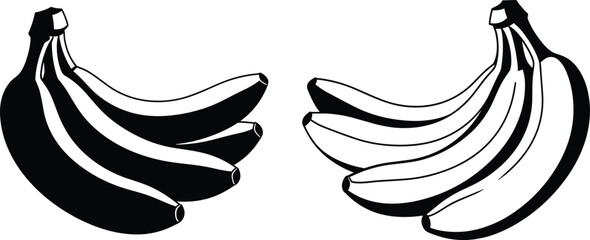 Banana bunch silhouettes set featuring fresh tropical fruit shapes for healthy food concepts, grocery design, and minimalist black and white vector illustration © Biplob Creatives