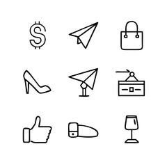 Collection of simple line icons including dollar sign, paper airplane, shopping bag, shoe, and wine glass