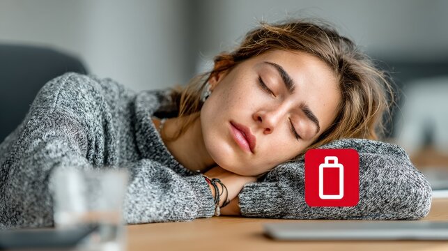 A woman is sleeping on the table with an icon of battery. Reflecting fatigue and exhaustion with her closed eyes. ..Created with Generative AI, not depicting real subjects.
