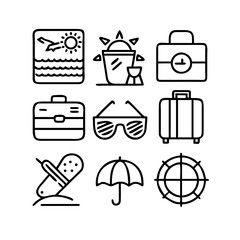 Travel icons collection: suitcase, sunglasses, umbrella and plane