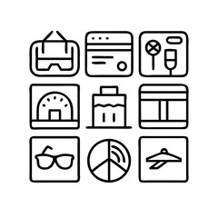 A collection of black line art icons on a white background