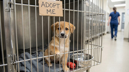 Cute puppy sitting in a kennel with 'Adopt Me' sign indoors  