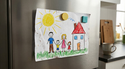 Child's colorful family drawing displayed on fridge in kitchen  