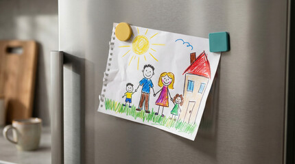 Child's artwork of family hanging on refrigerator with magnets  