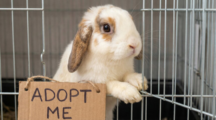 Rabbit looking out of cage with "Adopt Me" sign nearby  