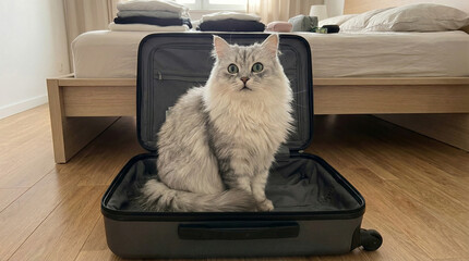 Cat sitting inside an open suitcase in a cozy bedroom 