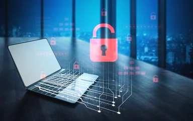 Fotobehang Natuur Park Digital security concept illustrating a cybersecurity breach, with a red unlocked padlock indicating data exposure among secure systems, emphasizing system vulnerability and risk Vouch  © InfiniteFlow