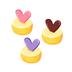 Banana dessert pieces with colorful candy fillings in heart shape. Illustration of sweet food for Valentine's Day, cafe menu.