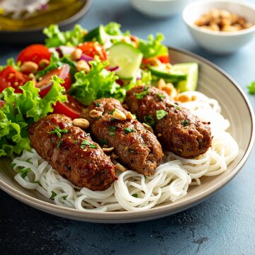 Bifteki mit Reisnudeln und Salat, gegrillt, griechenland