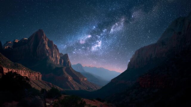 4K Milky way galaxy shines brightly over majestic mountains in a dark valley at night, breathtaking celestial landscape video