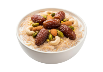 vermicelli milk dessert with dates and nuts in a white bowl