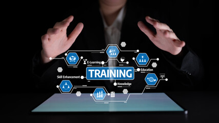 A professional figure interacts with digital concepts showcasing training, education, and skill enhancement on a tablet, representing modern learning solutions. Tessel