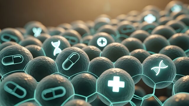 Medical symbols on glowing eggs in a crowded arrangement - Powered by Adobe