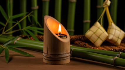 Candle in a bamboo holder surrounded by bamboo stalks and traditional rice dumplings.