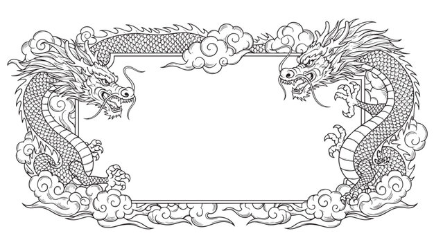 Intricate double dragon frame design featuring traditional scrollwork and ornate border for decorative arts.