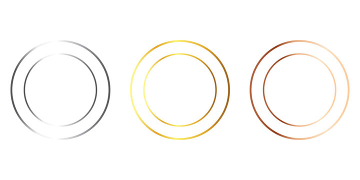 Gold, silver and bronze metal circle frames 3d vector realistic illustration. First, second and third place medals or buttons isolated on white background. Certified. Quality blank, empty badge set.