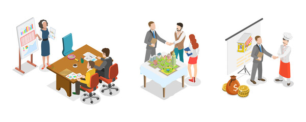 3D Isometric Flat  Illustration of Real Estate Brokerage Firm, Leasing Services