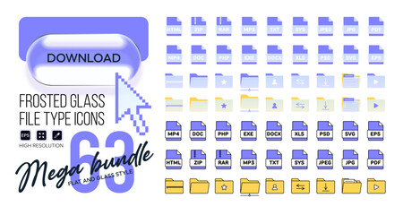 File Type and Folder Icon Set in Flat Yellow and Purple Colors with Modern Frosted Glass Elements for Web and UI Design