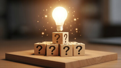 Wooden blocks with question marks supporting a glowing light bulb.