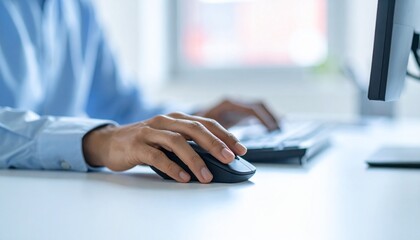 Fototapeta premium Precision and productivity: A person's hand skillfully maneuvers a mouse while the other hand types on a keyboard. Capturing focus and the tools of modern digital work.