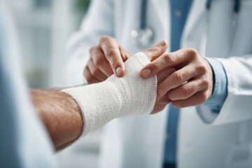 A doctor bandaging an injured wrist of a patient.