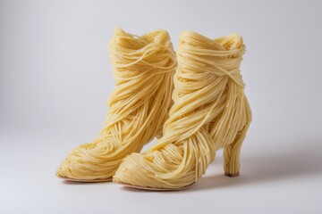Modern boots constructed entirely from cooked spaghetti pasta.