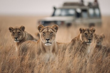 Lions resting in tall savannah grass, with a safari SUV in the background.