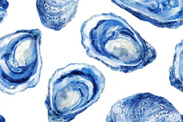 An illustration of oysters drawing in blue ink.	