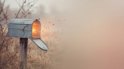 Vintage mailbox overflowing with love letters in serene countryside