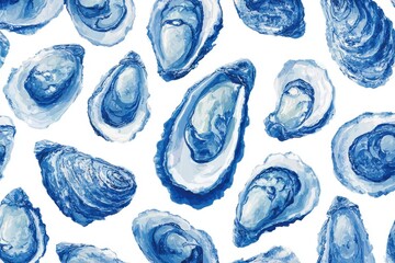 An illustration of oysters drawing in blue ink.	