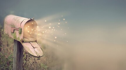 Vintage pink mailbox with heart shaped sparks flying out