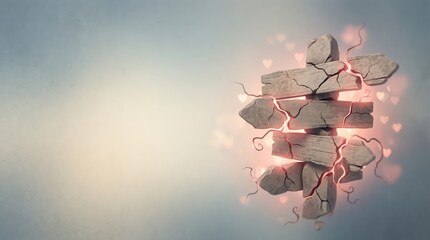 Cracked stone wall with glowing red hearts and sparks flying