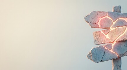 Glowing stone signpost in desert landscape with cracked texture