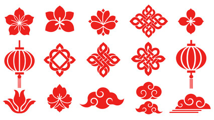 Set of Traditional Chinese Red Paper Cutout Symbols and Decorations