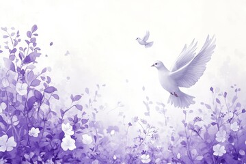 A white bird flies over a field of purple flowers. Concept of freedom and peace, as the bird soars through the air above the beautiful flowers. The combination of the bird