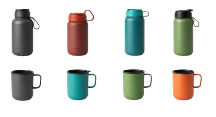 Collection of 3d water bottles and mugs transparent background cutout png