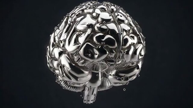 Abstract metallic brain illustration on transparent background for AI and technology concepts