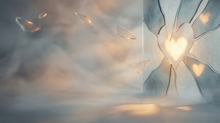 Broken glass with hearts shining through cracks in wall