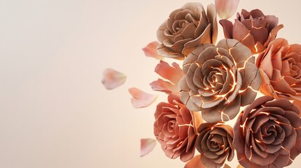 Beautiful bouquet of glowing roses with petals falling