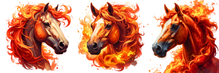 PNG Fiery horse head illustration for chinese new year, element set on transparent background 