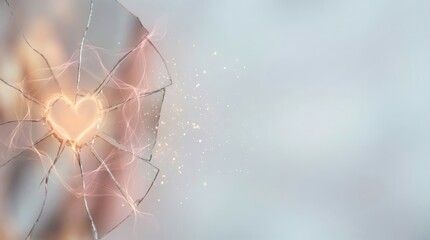 Glowing heart shines through shattered glass with sparks