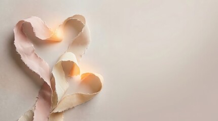 Soft peach and pink heart shaped paper cutouts with warm glowing light