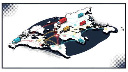 Global supply chain network with trucks on world map in pop art style © markusmiller